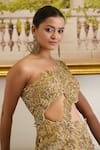 Shop_Moledro_Gold Crochet Embroidery Sequin One Shoulder Zyra Ambrosia Saree Gown _Online_at_Aza_Fashions