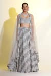 Buy_MeenaGurnam_Grey Net Hand Embroidered Sequins V Neck Blouse Lehenga Set _at_Aza_Fashions