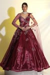 Buy_MeenaGurnam_Wine Net Embroidered Cutdana Leaf Neck Draped Gown _at_Aza_Fashions