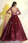 MeenaGurnam_Wine Net Embroidered Cutdana Leaf Neck Draped Gown _Online_at_Aza_Fashions