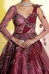 Shop_MeenaGurnam_Wine Net Embroidered Cutdana Leaf Neck Draped Gown _at_Aza_Fashions