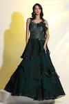 Buy_MeenaGurnam_Emerald Green Net Hand Embellished Cutdana V Neck Embroidered Ruffled Gown _at_Aza_Fashions