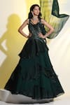 Buy_MeenaGurnam_Emerald Green Net Hand Embellished Cutdana V Neck Embroidered Ruffled Gown _Online_at_Aza_Fashions