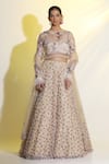 Buy_MeenaGurnam_Beige Net Embroidered Sequins Blouse Round And Beads Lehenga Set _Online_at_Aza_Fashions