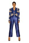 Esha Arora_Blue Silk Embroidery Pearl Collar Floral Blazer Pant Set _Online_at_Aza_Fashions