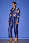 Buy_Esha Arora_Blue Silk Embroidery Pearl Collar Floral Blazer Pant Set _Online_at_Aza_Fashions