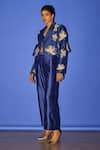 Shop_Esha Arora_Blue Silk Embroidery Pearl Collar Floral Blazer Pant Set _Online_at_Aza_Fashions