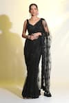 Buy_MeenaGurnam_Black Net Embroidered Beads V Neck Saree With Blouse _at_Aza_Fashions