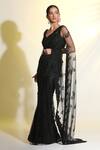 Shop_MeenaGurnam_Black Net Embroidered Beads V Neck Saree With Blouse _Online_at_Aza_Fashions