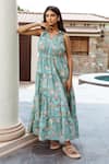 Buy_ASRUMO_Green Cotton Hand Block Printed Flower Jaal Ruffle V Neck Dress _at_Aza_Fashions