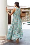 Shop_ASRUMO_Green Cotton Hand Block Printed Flower Jaal Ruffle V Neck Dress _at_Aza_Fashions