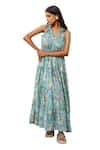 ASRUMO_Green Cotton Hand Block Printed Flower Jaal Ruffle V Neck Dress _Online_at_Aza_Fashions