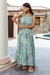 Buy_ASRUMO_Green Cotton Hand Block Printed Flower Jaal Ruffle V Neck Dress _Online_at_Aza_Fashions