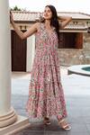 Buy_ASRUMO_Pink Cotton Hand Block Printed Flower Jaal Ruffle V Neck Floral Dress _at_Aza_Fashions