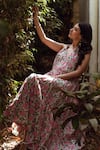 ASRUMO_Pink Cotton Hand Block Printed Flower Jaal Ruffle V Neck Floral Dress _Online_at_Aza_Fashions