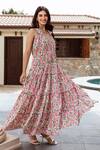 Buy_ASRUMO_Pink Cotton Hand Block Printed Flower Jaal Ruffle V Neck Floral Dress _Online_at_Aza_Fashions