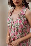 ASRUMO_Pink Cotton Hand Block Printed Flower Jaal Ruffle V Neck Floral Dress _at_Aza_Fashions