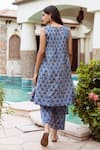 Shop_ASRUMO_Blue Kurta And Pant Chanderi Hand Block Printed Floral V Neck A-line & Set _at_Aza_Fashions