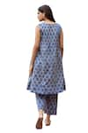 ASRUMO_Blue Kurta And Pant Chanderi Hand Block Printed Floral V Neck A-line & Set _Online_at_Aza_Fashions