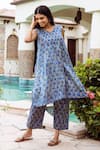 Buy_ASRUMO_Blue Kurta And Pant Chanderi Hand Block Printed Floral V Neck A-line & Set _Online_at_Aza_Fashions