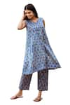 ASRUMO_Blue Kurta And Pant Chanderi Hand Block Printed Floral V Neck A-line & Set _at_Aza_Fashions