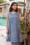 Buy_ASRUMO_Blue Kurta And Pant Chanderi Hand Block Printed Floral V Neck A-line & Set 