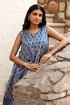 ASRUMO_Blue Kurta And Pant Chanderi Hand Block Printed Floral V Neck A-line & Set _Online