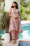 Buy_ASRUMO_Pink Kurta And Pant Chanderi Hand Block Printed Flower V Neck A-line & Set _at_Aza_Fashions