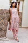 Shop_ASRUMO_Pink Kurta And Pant Chanderi Hand Block Printed Flower V Neck A-line & Set _at_Aza_Fashions