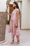 Buy_ASRUMO_Pink Kurta And Pant Chanderi Hand Block Printed Flower V Neck A-line & Set _Online_at_Aza_Fashions