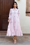 Buy_ASRUMO_Pink Dress Cotton Gauze Embroidered Paisley Dress Mandarin Collar Tiered _at_Aza_Fashions