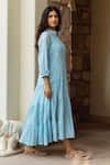 ASRUMO_Blue Dress Cotton Gauze Embroidered Paisley Dress Mandarin Collar _Online_at_Aza_Fashions