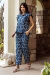 Buy_ASRUMO_Blue Cotton Hand Block Floral Collared Print Shirt And Pant Set_Online_at_Aza_Fashions