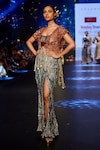 Buy_Etasha by Asha Jain_Brown Skirt And Bustier Metallic Tissue Embellished Sequin Scoop Overlap Set_at_Aza_Fashions