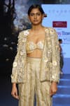 Etasha by Asha Jain_Gold Blazer And Pant Crochet Embellished Sequin Sweetheart 3d Leather Set _Online_at_Aza_Fashions