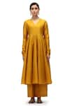 Buy_Mimamsaa_Yellow Chanderi Silk Woven V Neck Rohini Solid Anarkali And Pant Set _at_Aza_Fashions