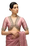 Mimamsaa_Pink Saree Organza Silk Woven V Neck Nayantara Floret Embroidered With Blouse _at_Aza_Fashions