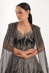 Buy_Chaashni by Maansi and Ketan_Black Net Embellished Sequins Cape Open Cutdana Stripe With Gown_Online_at_Aza_Fashions