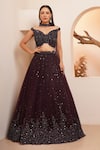 Buy_Chaashni by Maansi and Ketan_Wine Net Embroidered Sequins Off Shoulder Gradient Cutdana Lehenga Set_at_Aza_Fashions