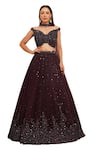 Buy_Chaashni by Maansi and Ketan_Wine Net Embroidered Sequins Off Shoulder Gradient Cutdana Lehenga Set_Online_at_Aza_Fashions
