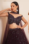 Chaashni by Maansi and Ketan_Wine Net Embroidered Sequins Off Shoulder Gradient Cutdana Lehenga Set_at_Aza_Fashions
