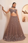 Buy_Chaashni by Maansi and Ketan_Brown Net Embroidered Sequins Off Shoulder Cutdana Gradient Lehenga Set_at_Aza_Fashions