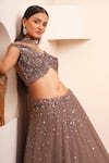 Buy_Chaashni by Maansi and Ketan_Brown Net Embroidered Sequins Off Shoulder Cutdana Gradient Lehenga Set_Online_at_Aza_Fashions