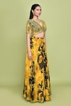 LABEL SHRISTI CHETANI_Yellow Chiffon Print Summer Bloom V Neck Divy Lehenga Set_at_Aza_Fashions