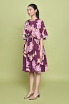 Buy_LABEL SHRISTI CHETANI_Purple Crepe Print Fleur Round Neck Cutout Midi Dress_Online_at_Aza_Fashions