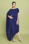 Buy_LABEL SHRISTI CHETANI_Blue Crepe Embellished Beads Boat Neck Knot Draped Dress