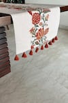 Shop_House of Inari_Red 100% Cotton Floral And Tassels Embroidered Table Runner_at_Aza_Fashions