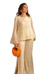 House Of Inari_Off White Pure Georgette Embroidery Poppy Blossom Top With Bell Bottom Pant _Online_at_Aza_Fashions
