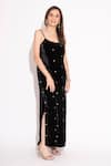 House of Inari_Black Silk Velvet Embroidery Eyelet Round Neck Gown _Online_at_Aza_Fashions