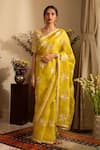 Buy_House of Inari_Yellow Pure Silk Organza Embroidery Phool Nargis Saree Set _at_Aza_Fashions